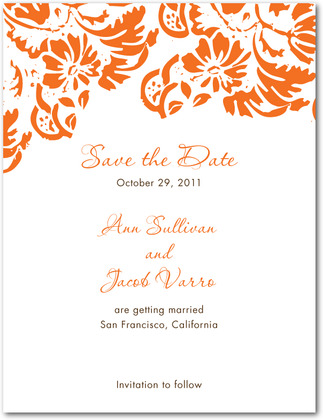 The Orange cursive font matches the flowers and provides the wedding save 