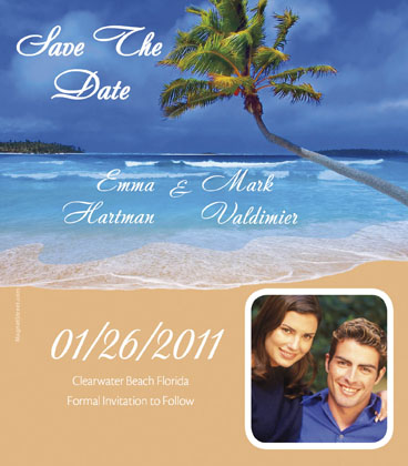 This beach Save the Date magnet features a heart carved out in the 